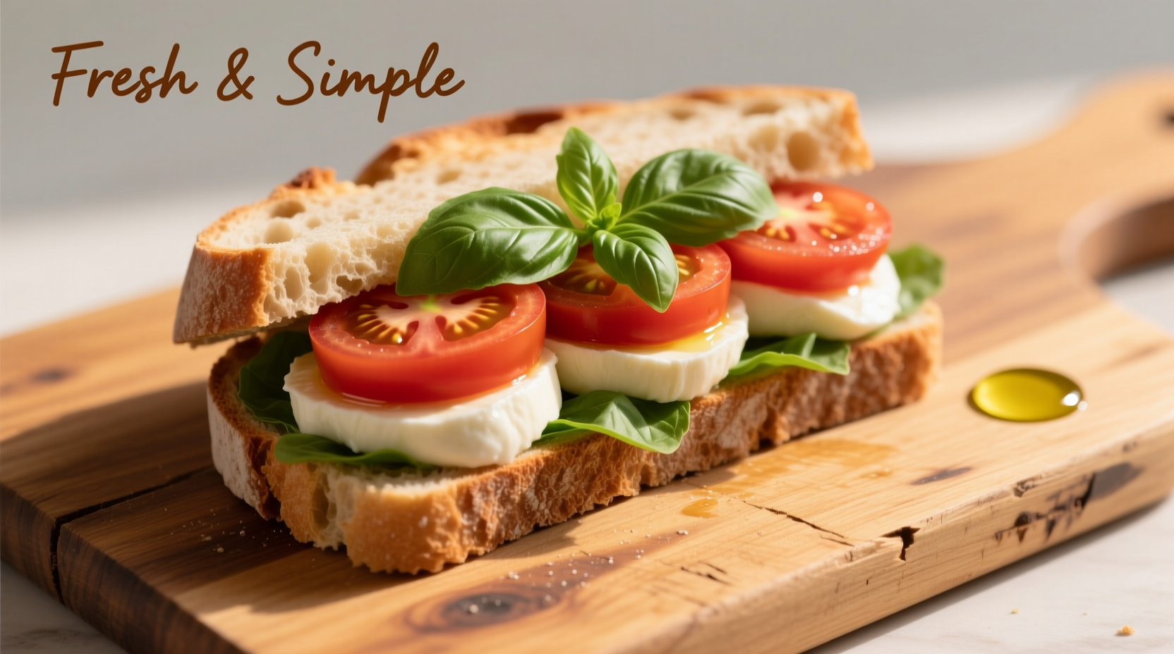 Fresh basil tomato mozzarella sandwich on wooden board