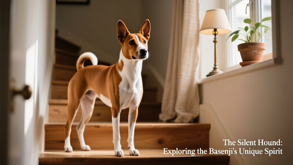 brown-and-white basenji on stairs
