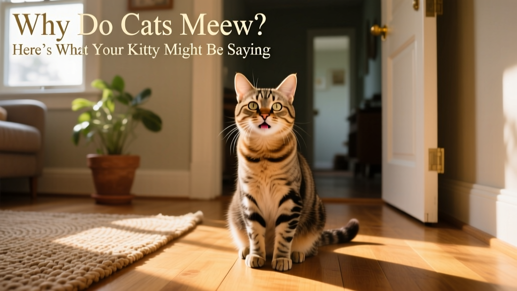 A friendly cat sitting upright, making eye contact with its human as they enter the room