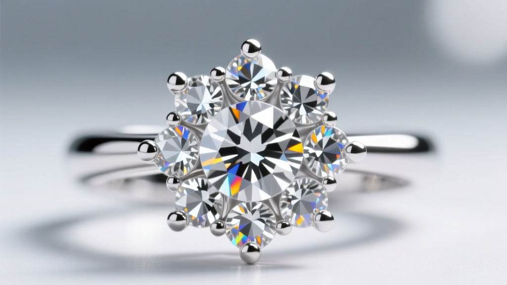 Macro view of platinum micro-prongs holding 1.2mm round moissanite stones in a delicate halo earring setting under bright lighting