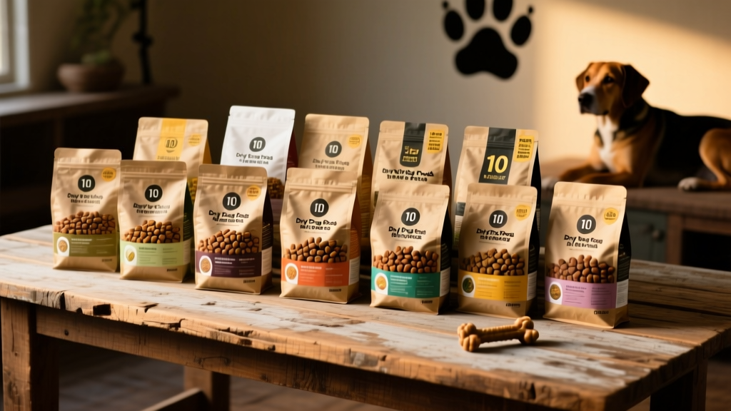 A variety of high-quality dry dog food bags arranged neatly on a wooden surface, showing clear branding and kibble close-up