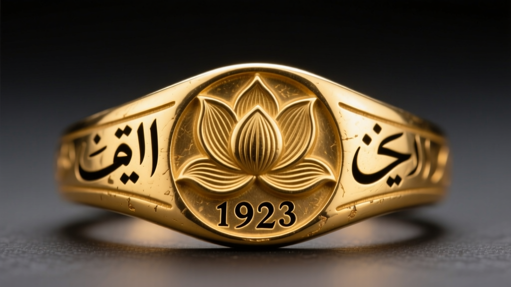 Macro shot of a vintage Egyptian gold ring shank showing a stamped lotus hallmark and Arabic numerals under bright jeweler lighting