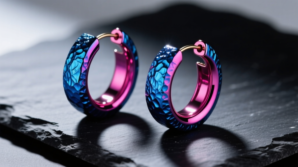 Macro shot of vibrant anodized aluminum hoop earrings on dark slate, showing the textured oxide layer under bright studio lighting.