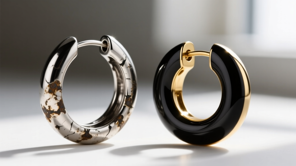 Close-up of an oxidized silver hoop and a black rhodium gold circle earring showing visible wear patterns on the clasp edges