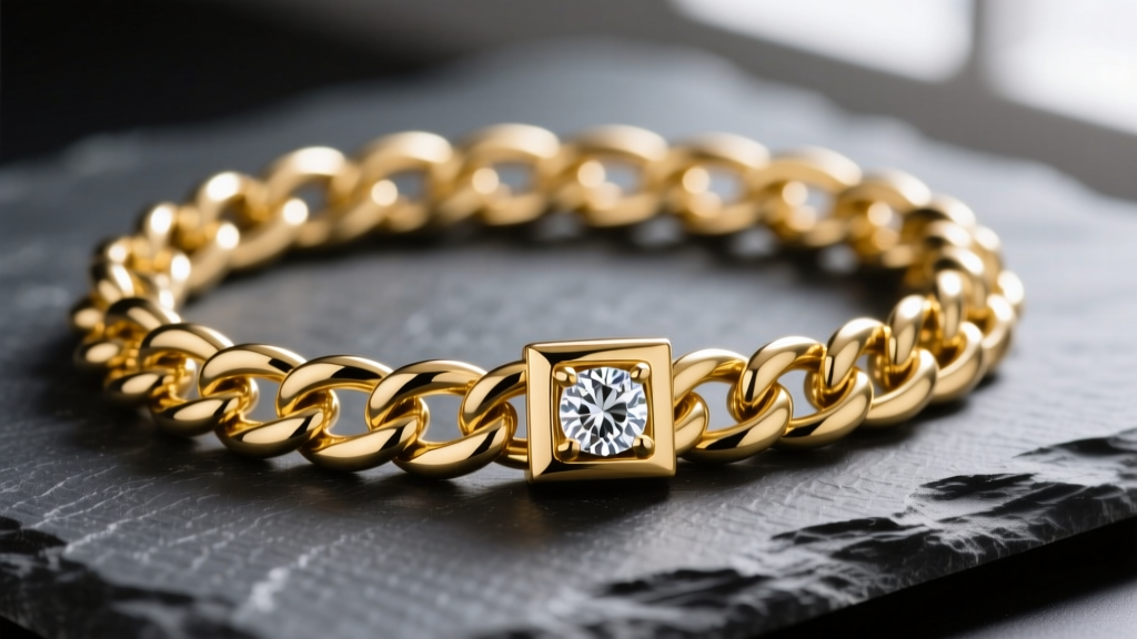 Macro shot of a 14mm 14k yellow gold Cuban link chain on dark slate, showing interlocking links and a secure diamond box clasp