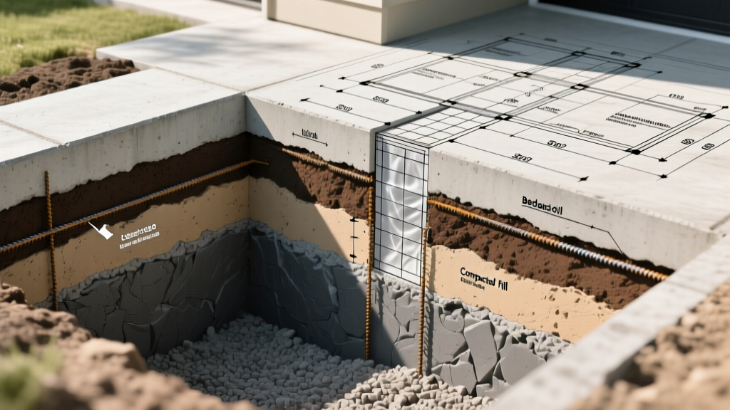 Architectural blueprint overlaid on a cross-section of a residential concrete slab and crawl space foundation with soil layer indicators