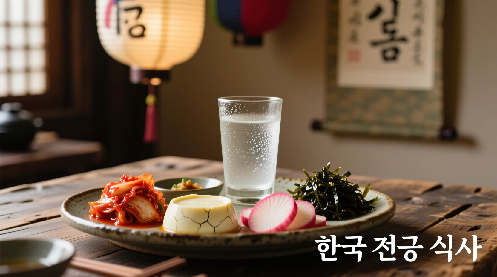 Glass of soju with traditional Korean side dishes