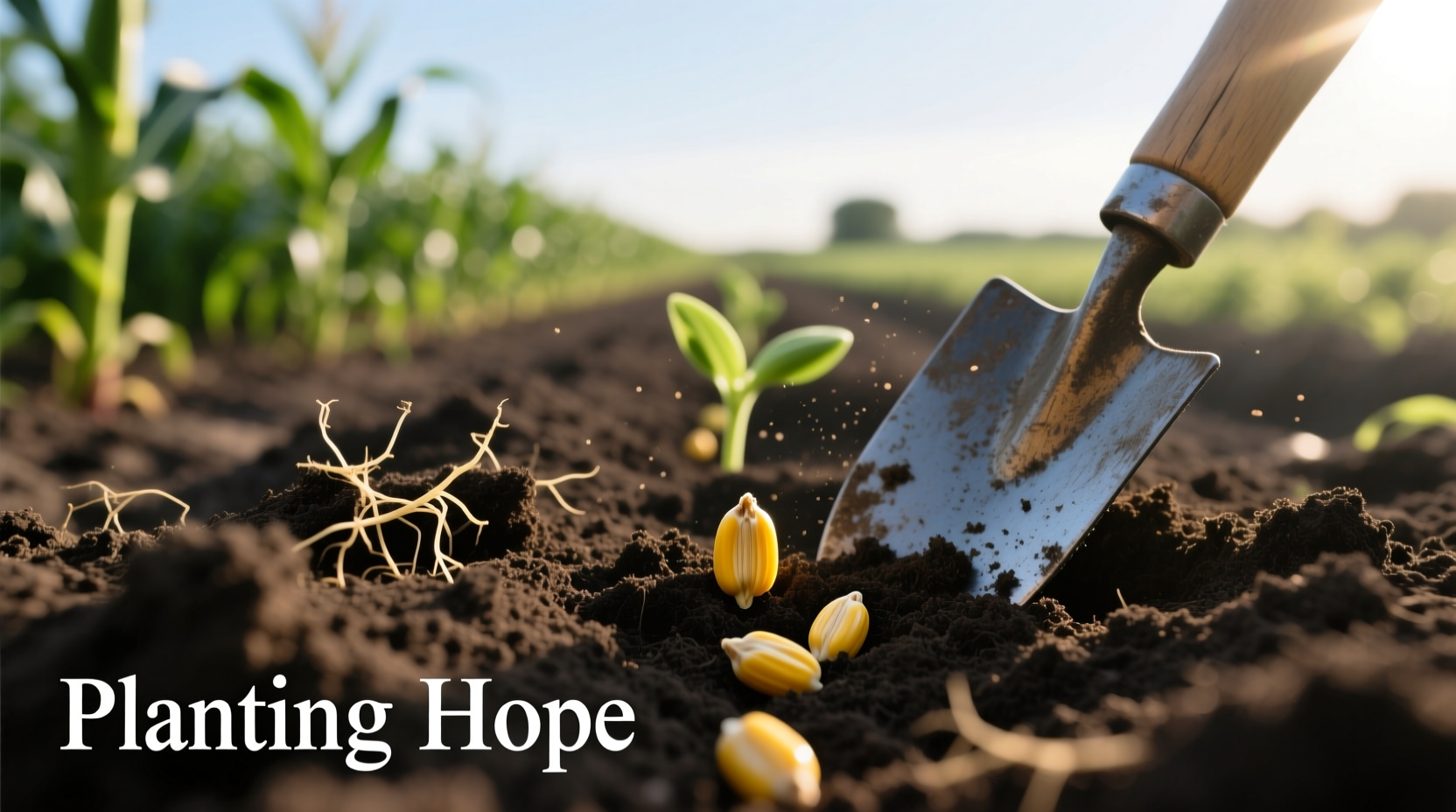 Corn seeds being planted in garden soil
