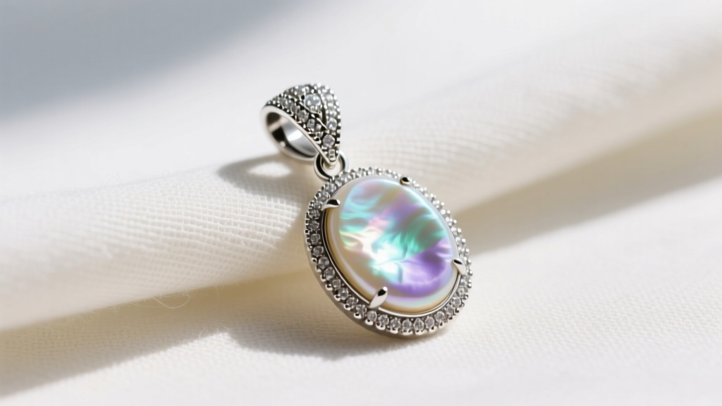 Close-up of a sterling silver clasp on a mother-of-pearl pendant, resting on soft linen cloth in bright natural daylight.