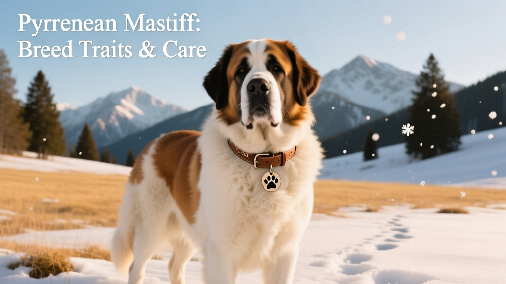 A calm, white-and-brown Pyrenean Mastiff standing proudly in a snowy mountain meadow