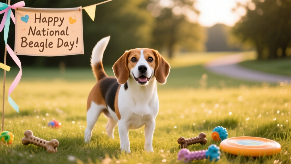 A smiling Beagle sitting on a grassy field, ears perked and tail wagging