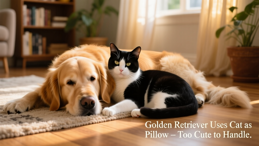 Kevin the Golden Retriever gently resting his head on Soup the cat, who appears relaxed and unbothered