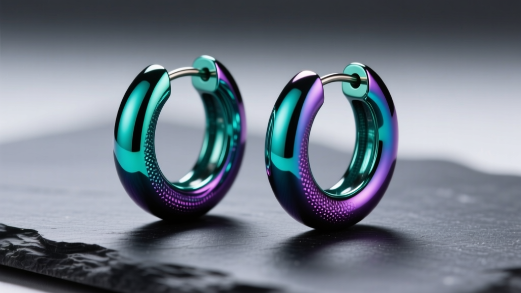 Macro shot of anodized niobium huggie earrings in vibrant teal and purple hues, resting on dark slate with soft studio lighting.