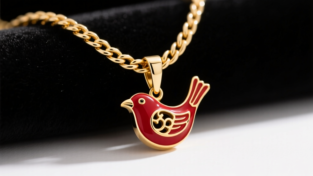 A 3mm 14k gold wheat chain through a tapered tube bail on a red and gold enameled bird pendant, displayed against black velvet