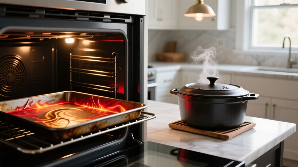 Thick carbon steel baking plate inside a home oven, glowing with retained heat next to a cast iron Dutch oven setup.