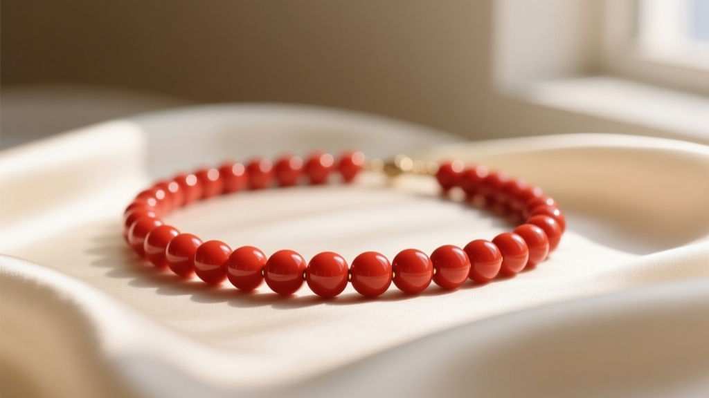 Close-up of a vintage red coral bead necklace on cream silk, lit by soft natural window light against a blurred neutral background.