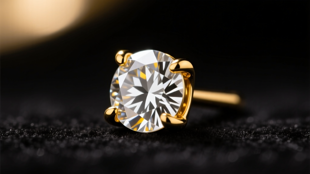 Macro view of a half-carat round diamond stud in 14k yellow gold, showing bright reflections and a four-prong setting in dim light