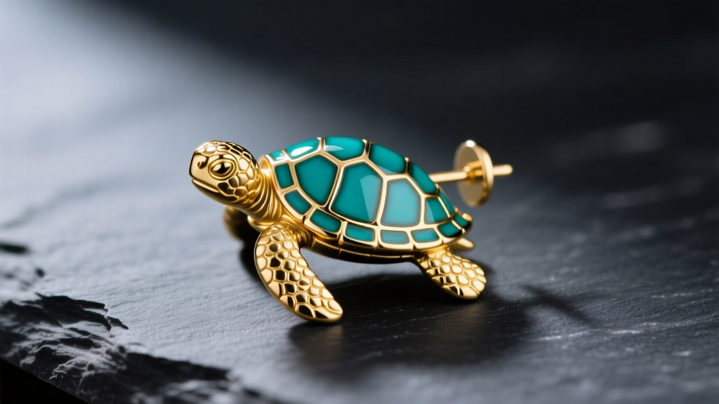 Macro photography of a 14k gold vermeil sea turtle earring stud with vibrant teal vitreous enamel shell, resting on dark slate
