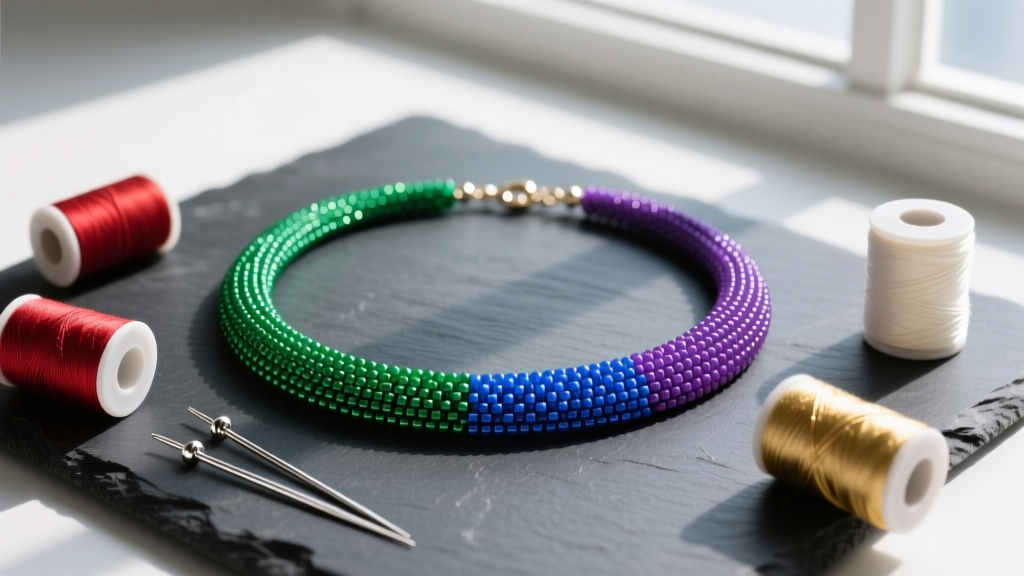 Overhead flat-lay of a vibrant 11/0 Miyuki seed beaded necklace on dark slate, with beading needles and thread spools nearby