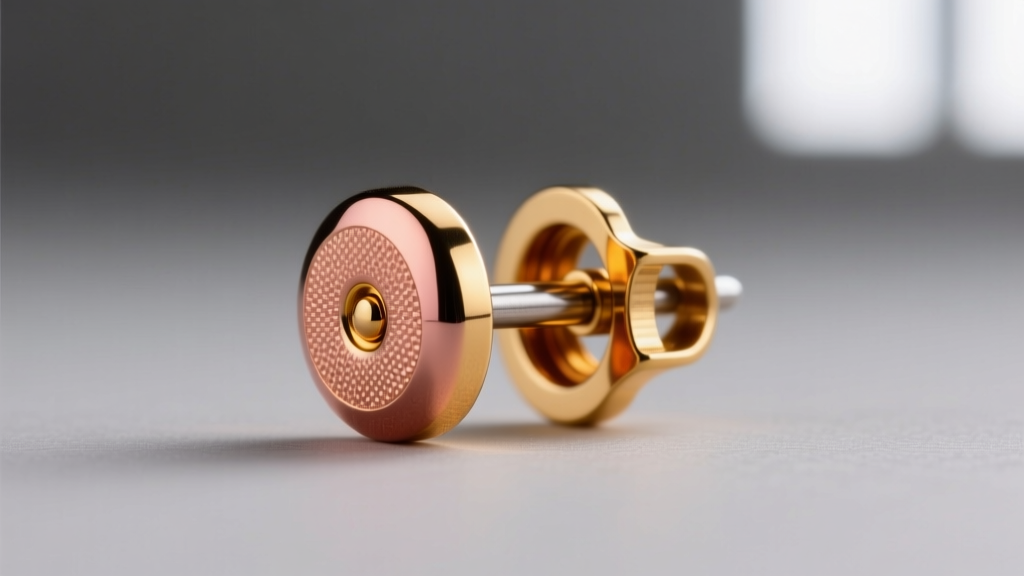 Macro shot of an 18-gauge surgical steel earring post with a secure locking latch back, showing thick 18k PVD gold plating.