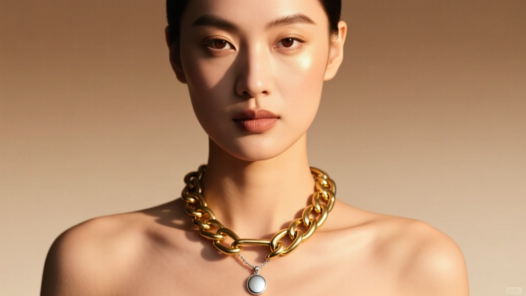 Close-up of a model wearing a chunky unsealed brass curb chain necklace layered with a silver pendant under warm studio lighting