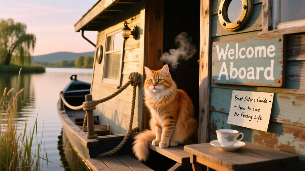 A long-haired ginger cat sitting peacefully in the entrance of a cozy houseboat