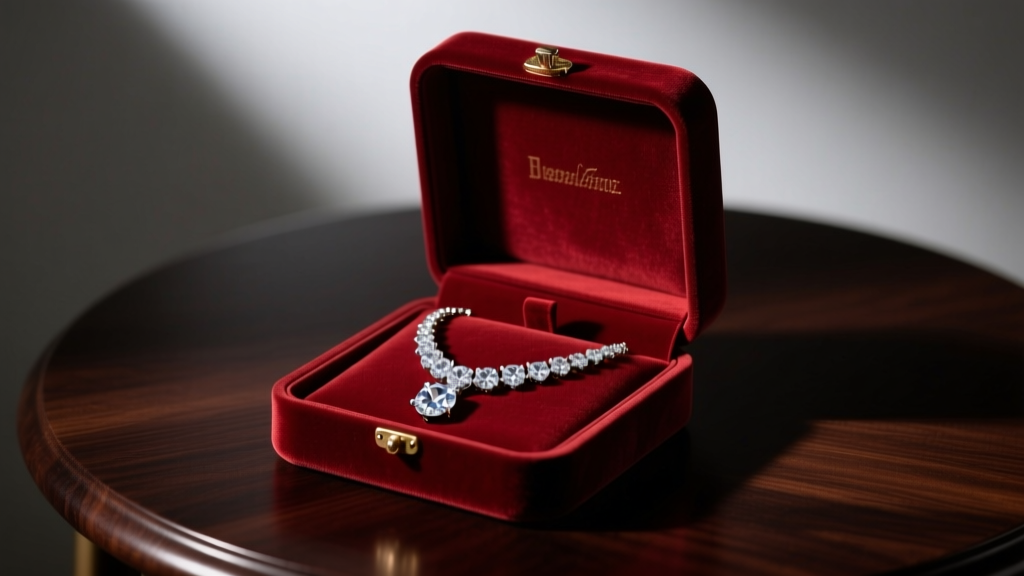 Elegant open velvet jewelry box revealing a sparkling diamond pendant necklace on a dark wood table, moody cinematic lighting