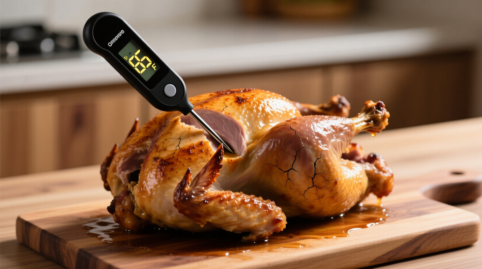 Digital meat thermometer showing 165 degrees in turkey breast