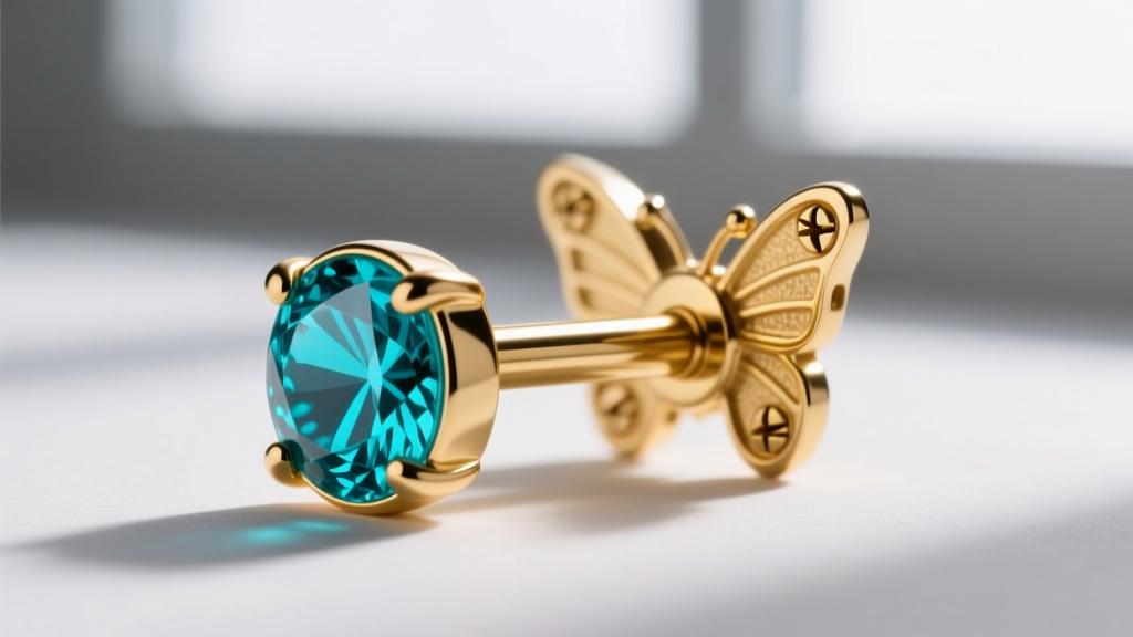 Macro shot of an 18g gold vermeil evil eye cartilage stud with turquoise center, highlighting post thickness and butterfly backing