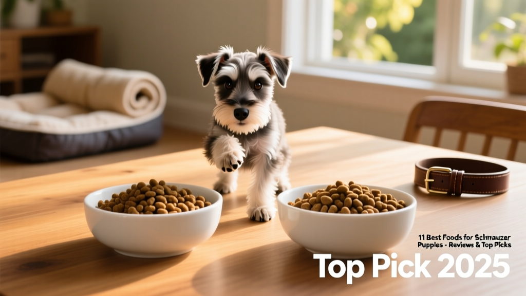Side-by-side comparison of FurPetVo Fresh & Baked and FurPetVo Bright Puppy kibble in clean white bowls, with a Schnauzer puppy playfully sniffing both