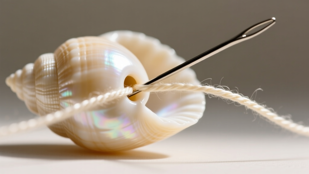 Macro photography of a beading needle threading a 1mm waxed cotton cord through the drilled hole of a polished ivory cowrie shell