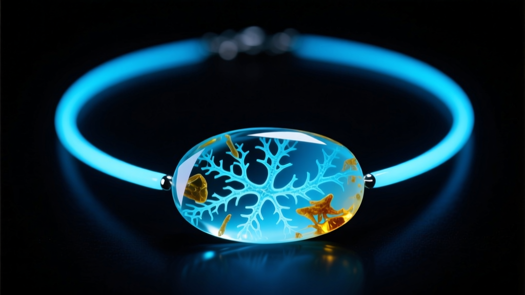 UV blacklight illuminating a Dominican amber necklace, showing bright milky-blue fluorescence against a dark, moody backdrop.