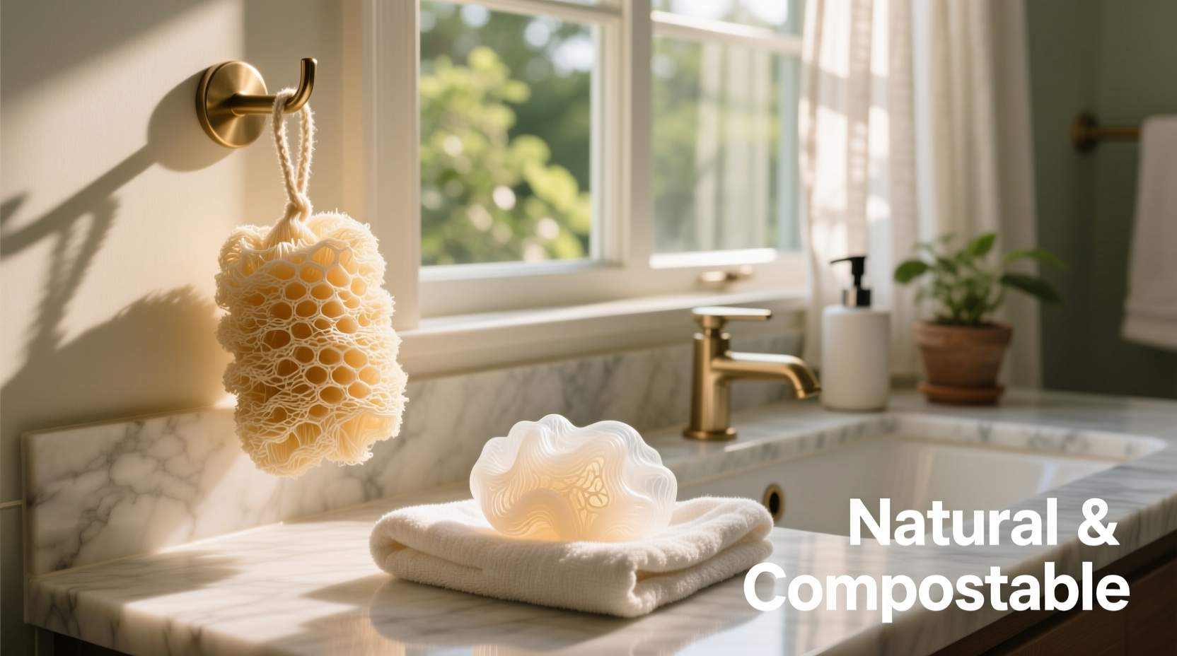 Side-by-side comparison: a taut, honeycomb-textured compostable loofah hanging freely on a brushed nickel hook beside a visibly softened, slightly translucent konjac sponge resting flat on a folded linen towel in a sunlit, well-ventilated bathroom
