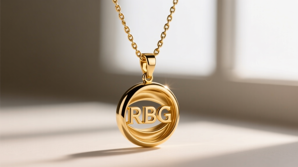 Close-up of micro-hinge articulation on a gold vermeil RBG necklace pendant, showing the mechanical joints allowing fabric-like drape.
