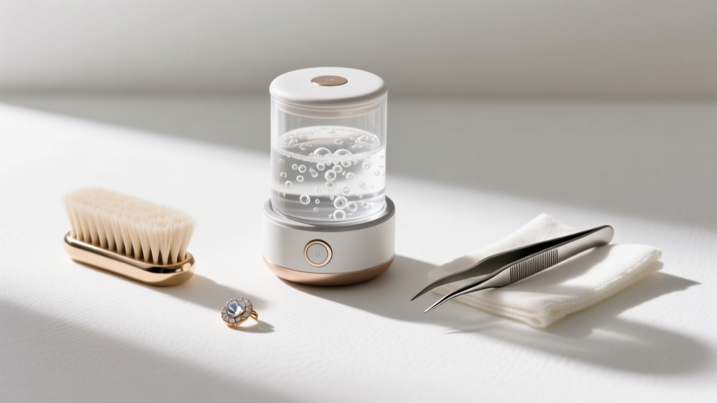 Flat lay of jewelry cleaning tools including a soft brush, ultrasonic cleaner, and jeweler's screwdriver on a dark textured slate.