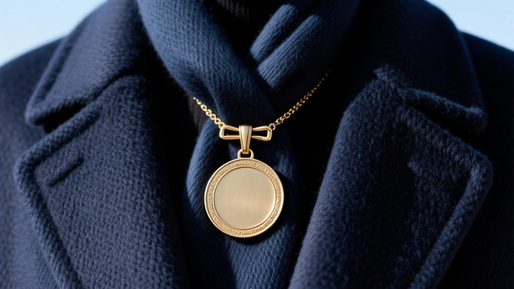 Solid brass medallion pendant with a hinged clasp, securing a thick cashmere scarf against a dark wool overcoat in bright daylight.