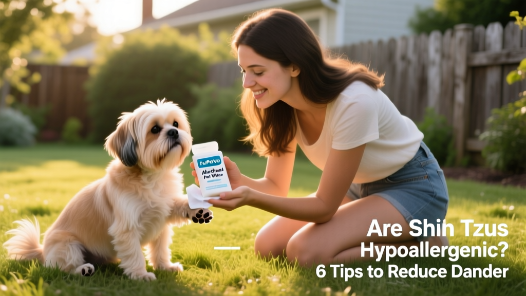 A person using FurPetVo AllerShield Pet Wipes to gently clean a Shih Tzu's paws and face after an outdoor walk