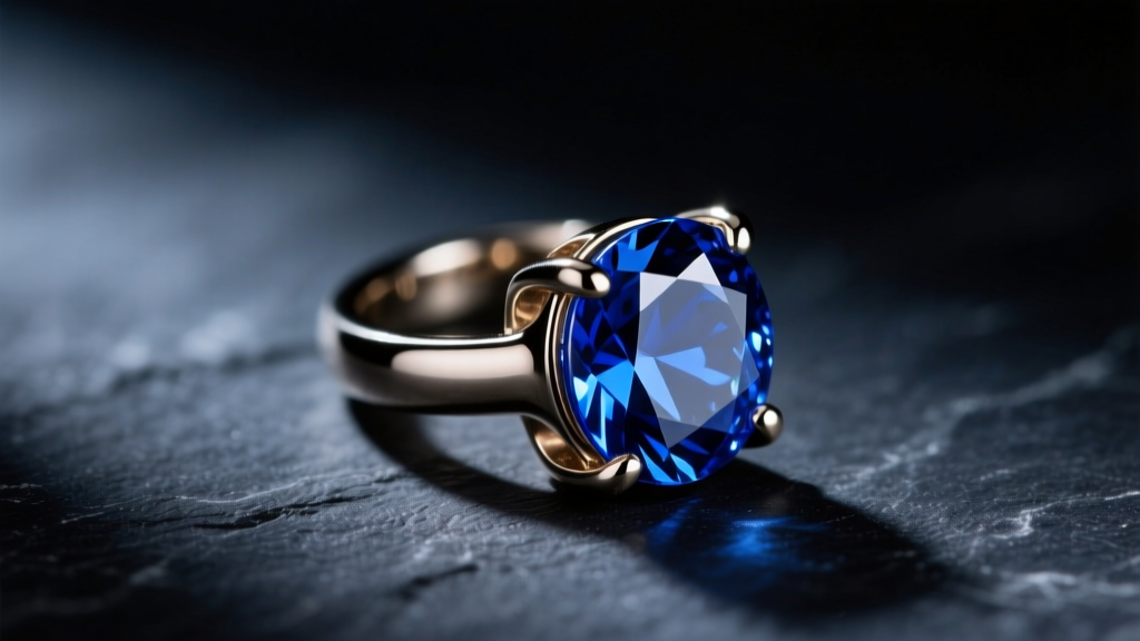Macro shot of an 18-gauge titanium ear cuff with a bezel-set sapphire on dark slate under dramatic, moody lighting.