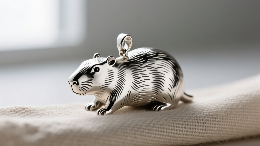 Close-up of a 925 sterling silver capybara pendant on textured linen cloth, soft window light highlighting engraved fur details.