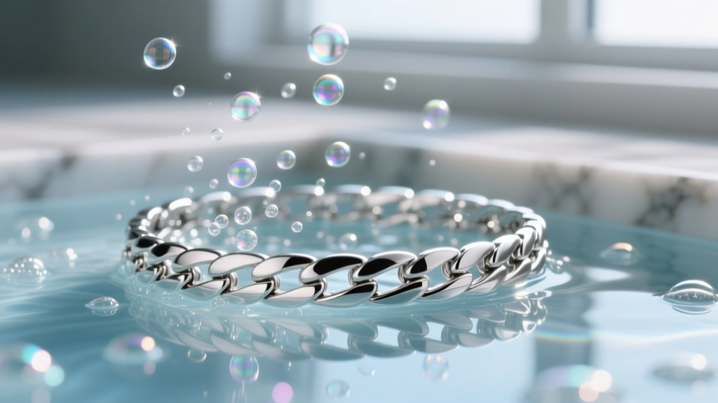 Macro of a rhodium-plated silver tennis bracelet submerged in a foaming non-ammoniated jewelry cleaner solution bath