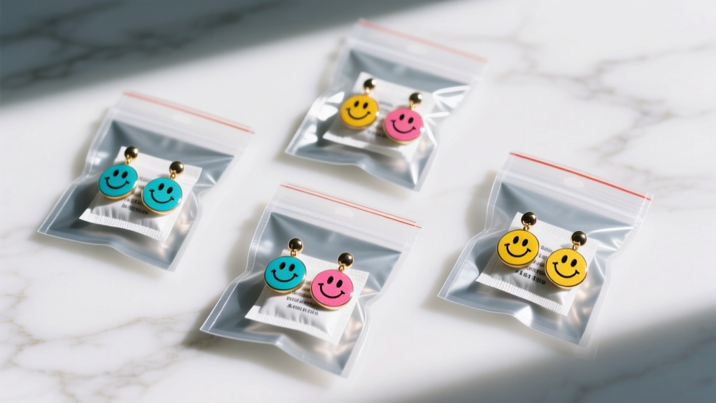 Flat lay of smiley face earrings stored in individual anti-tarnish ziplock bags with silica gel packets on a white marble surface.