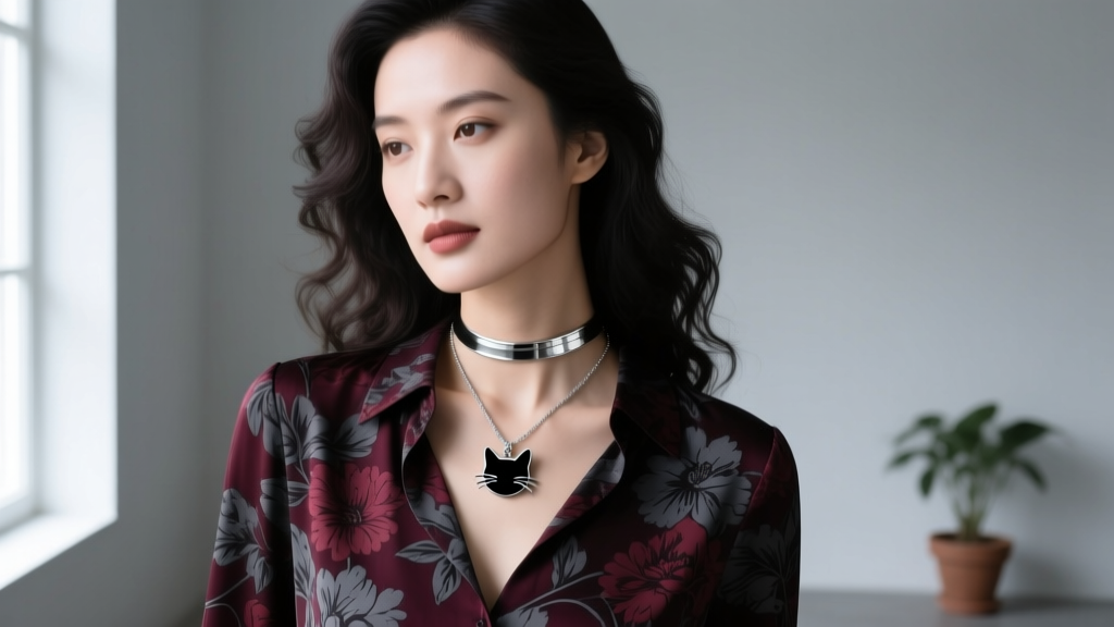 Woman wearing a black cat pendant layered with a silver choker over a dark floral blouse, lit by soft natural window light.