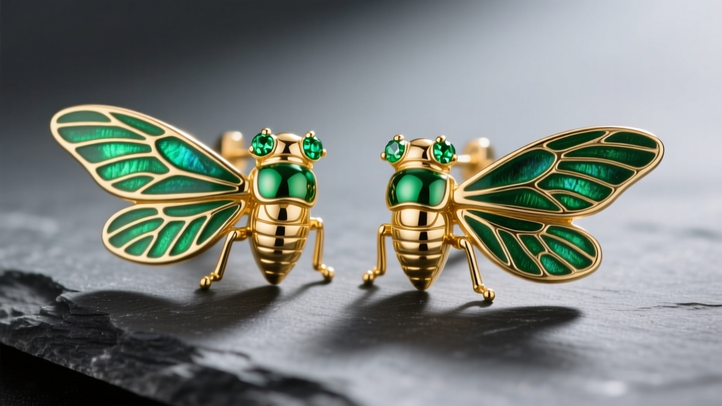 Macro photography of 18k gold vermeil cicada earrings with green enamel wings and peridot accents resting on a dark slate surface