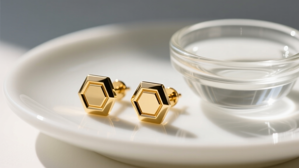 Macro shot of 14k gold flat back labret earrings on a white dish beside a small glass bowl of sterile saline cleaning solution