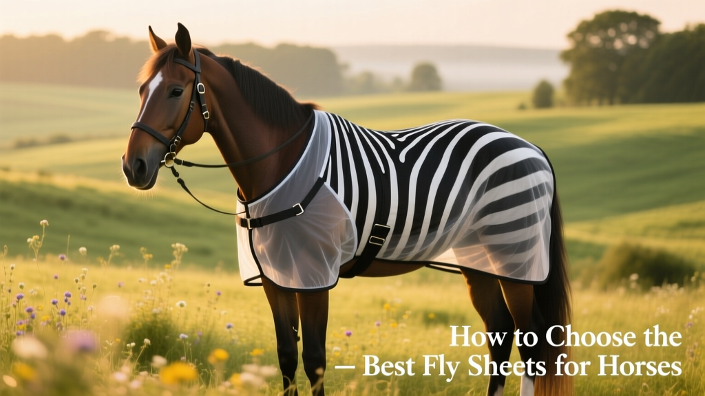 Horse wearing a zebra-print fly sheet in a sunny pasture