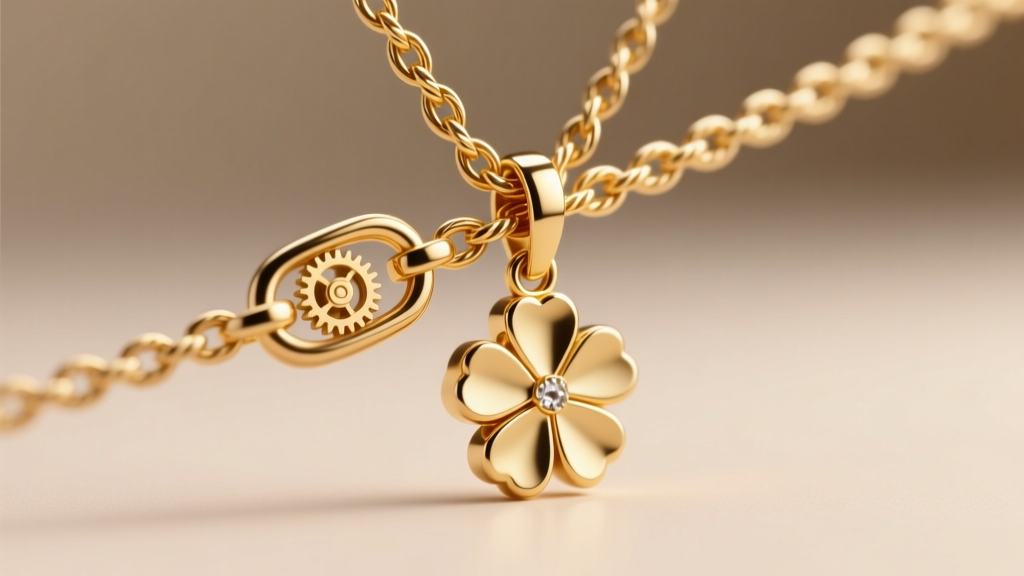 Macro shot of a 1.2mm 18k gold rope chain threading through a clover pendant bail, highlighting the secure lobster clasp mechanism