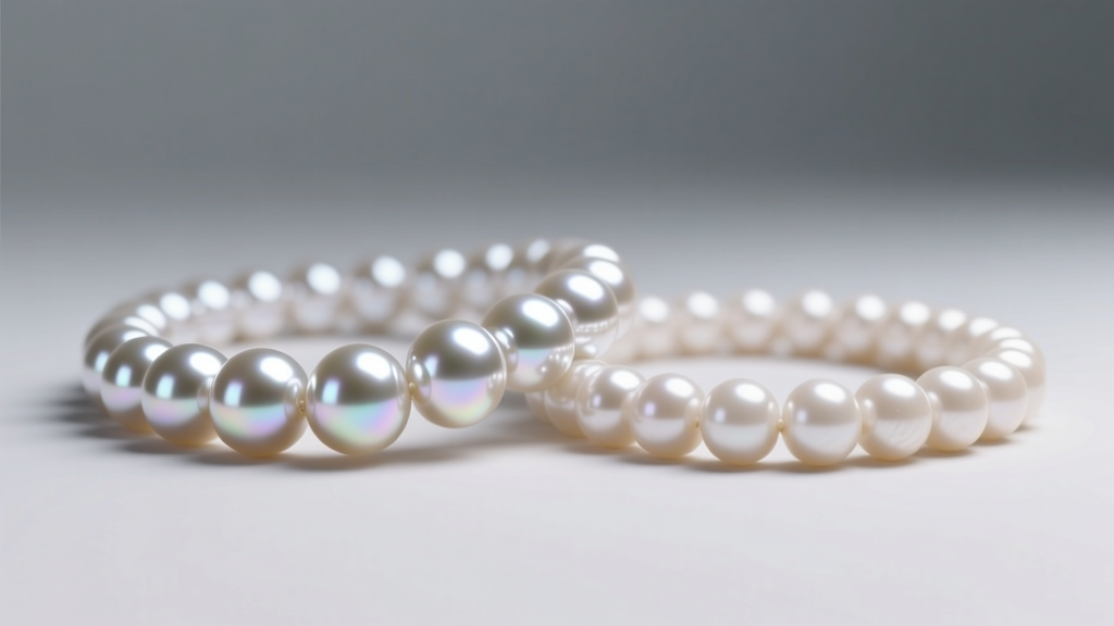 Macro view of two pearl strands, contrasting sharp mirror-like luster against a dull, chalky surface under bright studio lighting.
