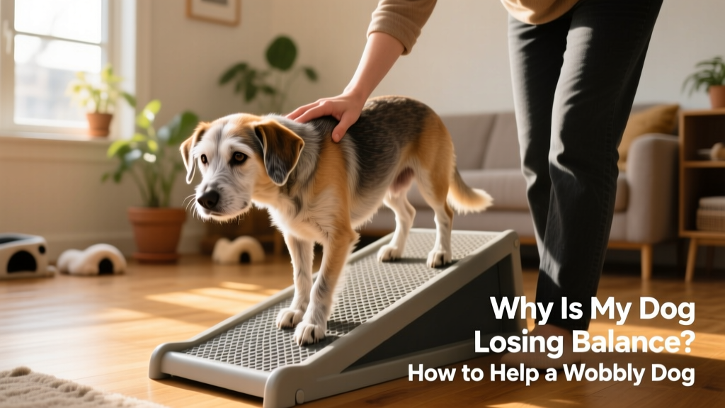 Owner helping small dog step onto low-rise pet ramp with rubberized surface