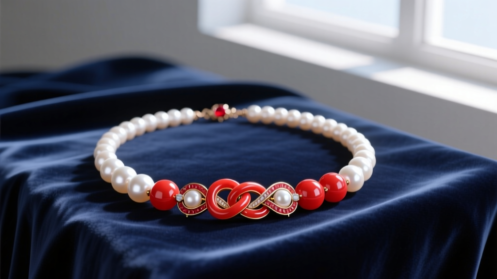 Vibrant red coral and white Akoya pearl necklace on navy velvet, highlighting high luster and intricate silk knotting details.