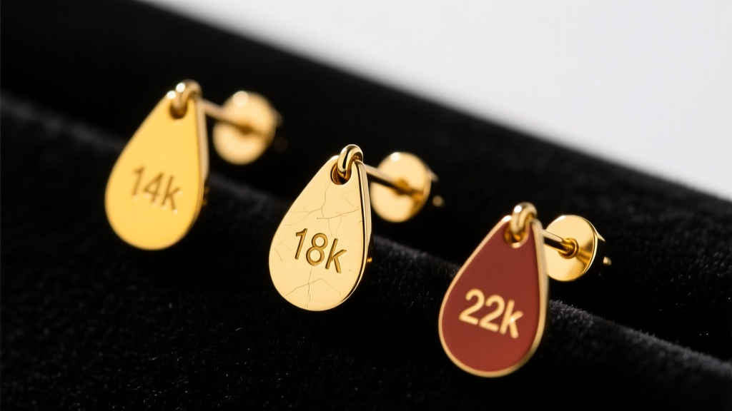 Macro shot comparing three gold drop earring posts stamped 14k, 18k, and 22k, showing subtle color differences on dark velvet.